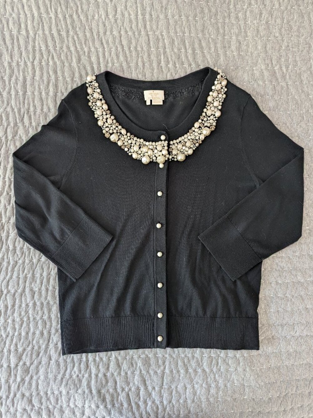 Kate Spade Pearl & Crystal Embellished Cardigan - Black - Size L - 100% Cotton